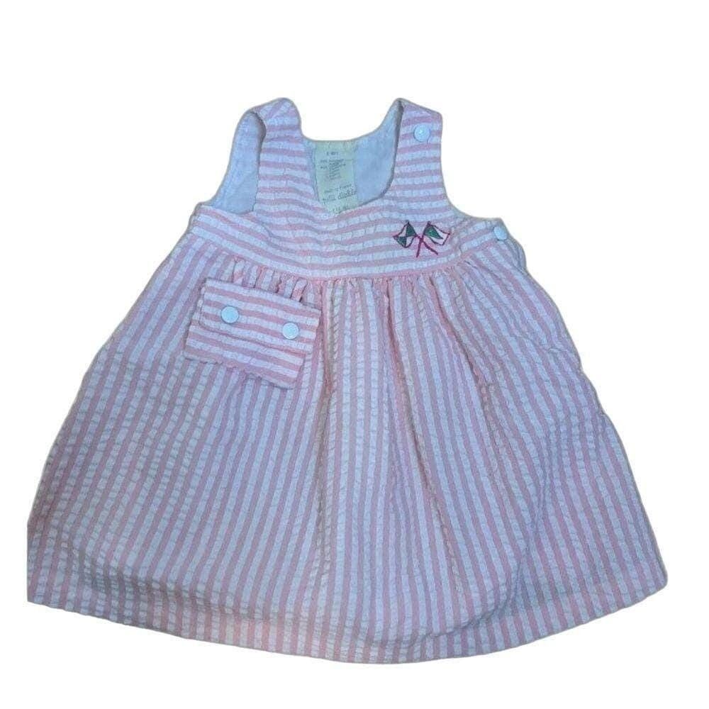 Petit Diable Vintage Pink White Seersucker Nautical Flag Dress 6 Months France